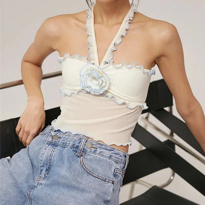 Floral lace backless crop top with sleeveless design, perfect for summer style