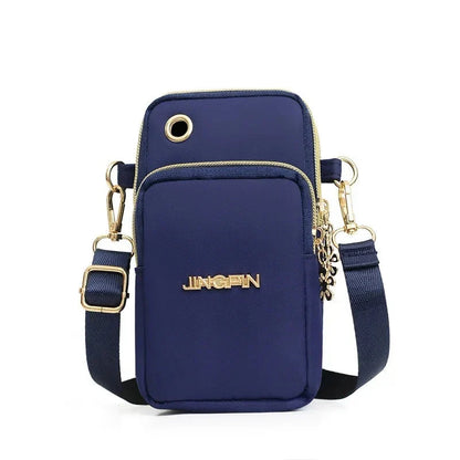 Fashionable women's crossbody phone bag with multi-function pockets and headphone plug for hands-free music access
