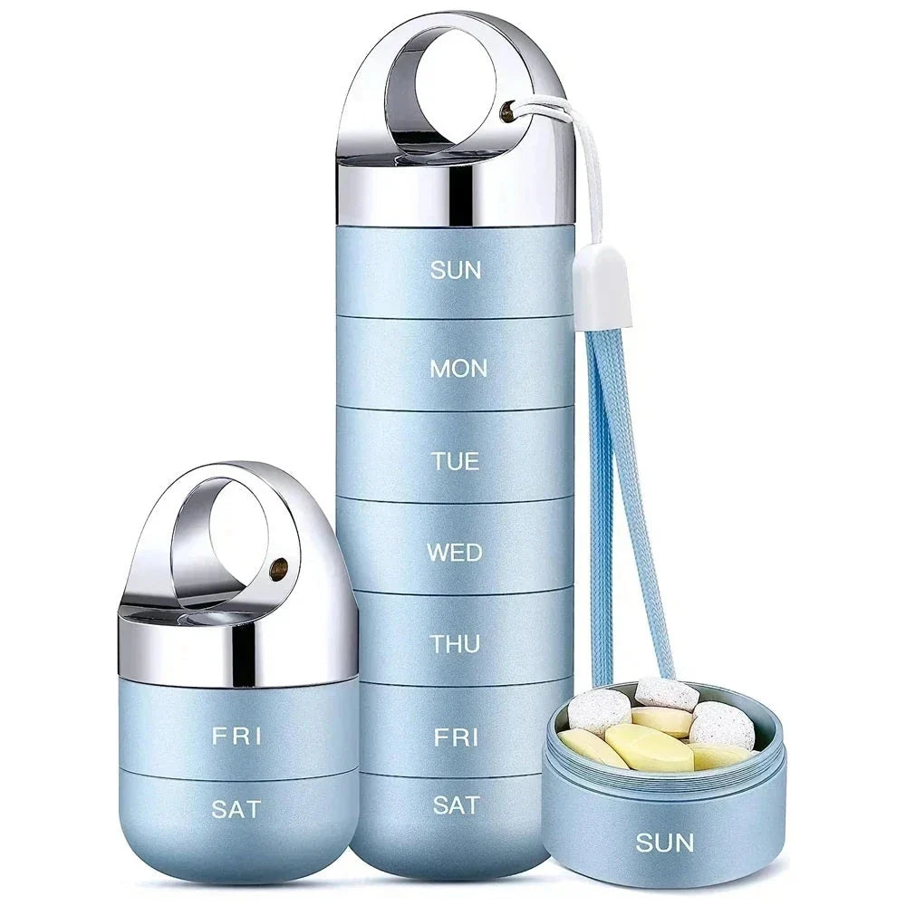 A high-quality, waterproof metal weekly pill box organizer with spacious compartments for managing medications on the go