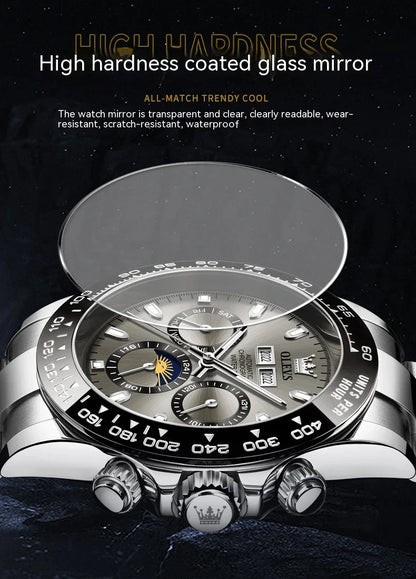 Elegant automatic men's watch with stainless steel case and adjustable bracelet, showcasing precise timekeeping and versatile design.