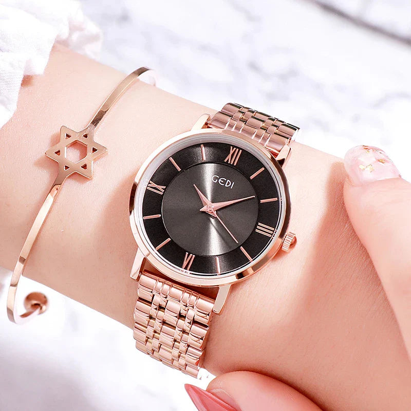 Fashionable women's waterproof watch with alloy and stainless steel construction, available in various color options