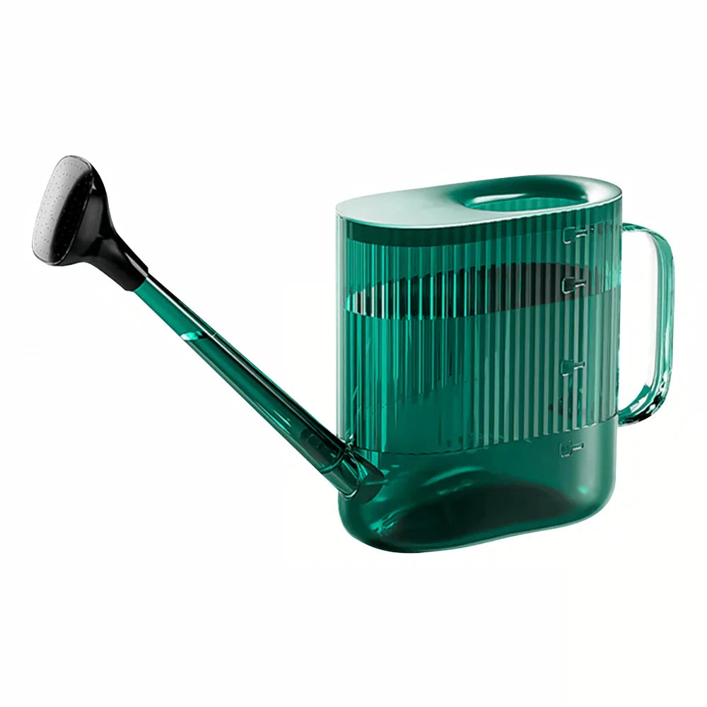 A large, dark grey gardening watering can with a long spout and sprinkler head for efficient, hassle-free plant watering