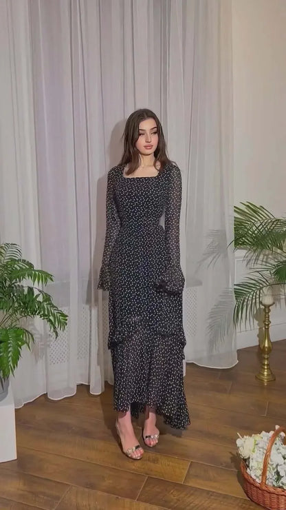 Elegant chiffon polka dot dress with flattering lotus leaf sleeves