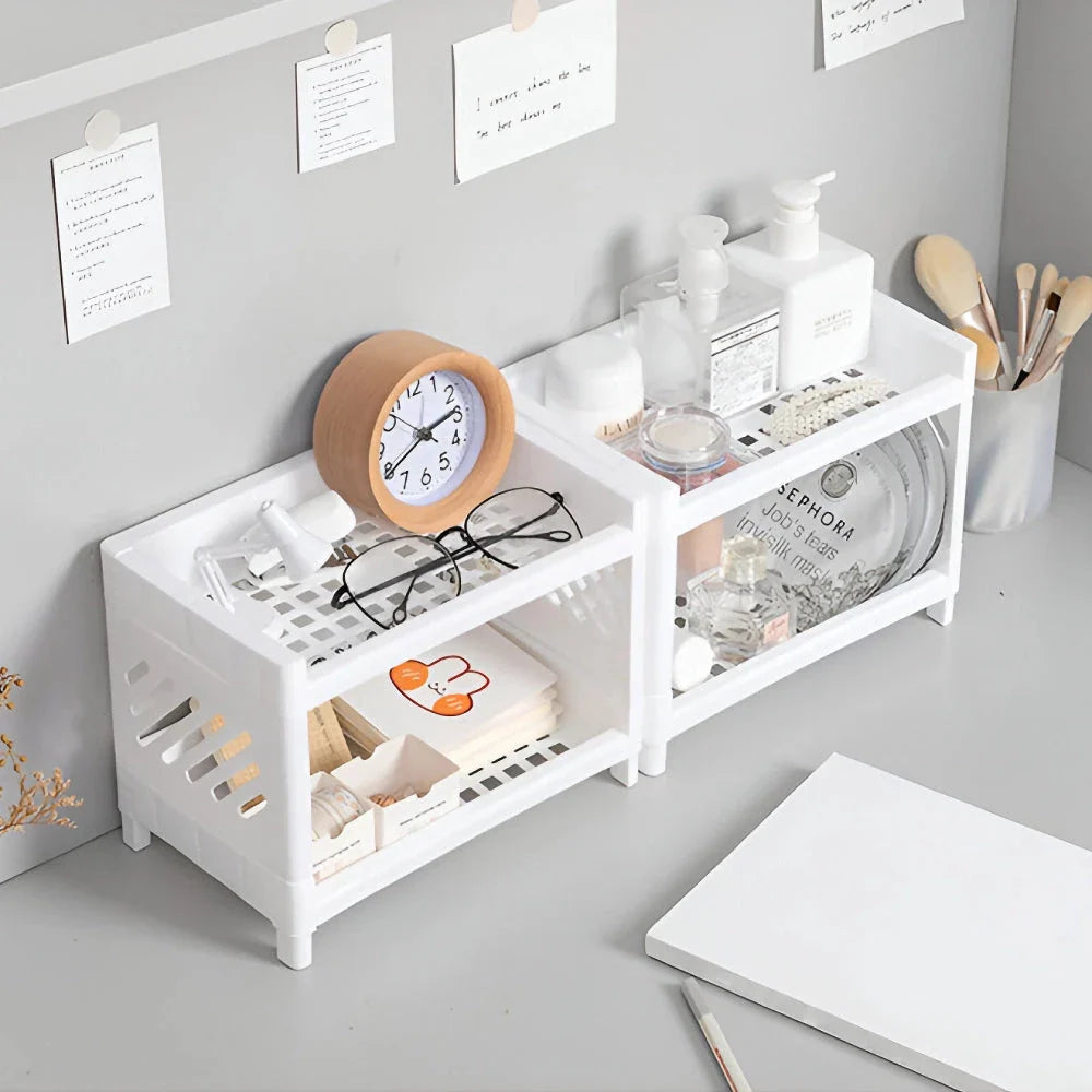 Sleek white desktop organizer with two-tier storage compartments for keeping office supplies, cosmetics, and other essentials neatly organized on a desk or countertop
