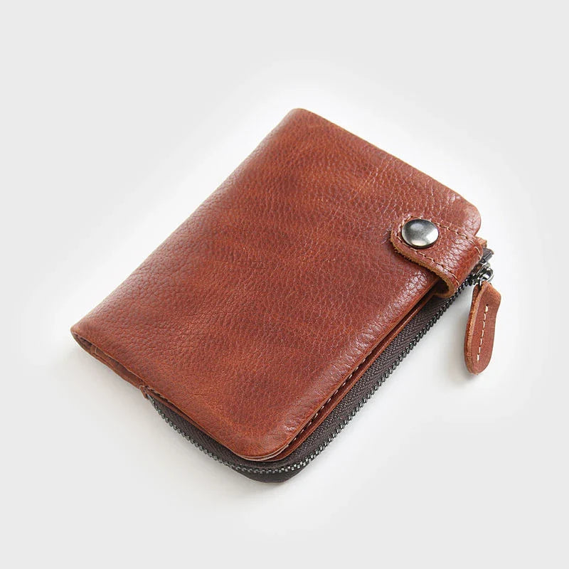 Premium leather wallet for men in a classic horizontal square shape, featuring a simple plain pattern and compact size for everyday use.