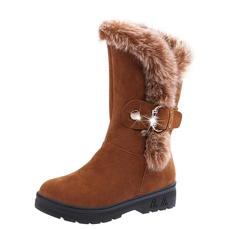 Women's winter snow boots in black, brown, and wine red colors with flocking upper material, wedge heel, and buckle closure