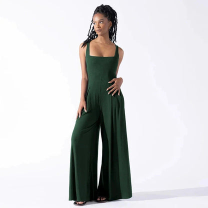 Chic sleeveless jumpsuit with wide-leg pants, made with Rayon and Spandex for comfort and breathability.