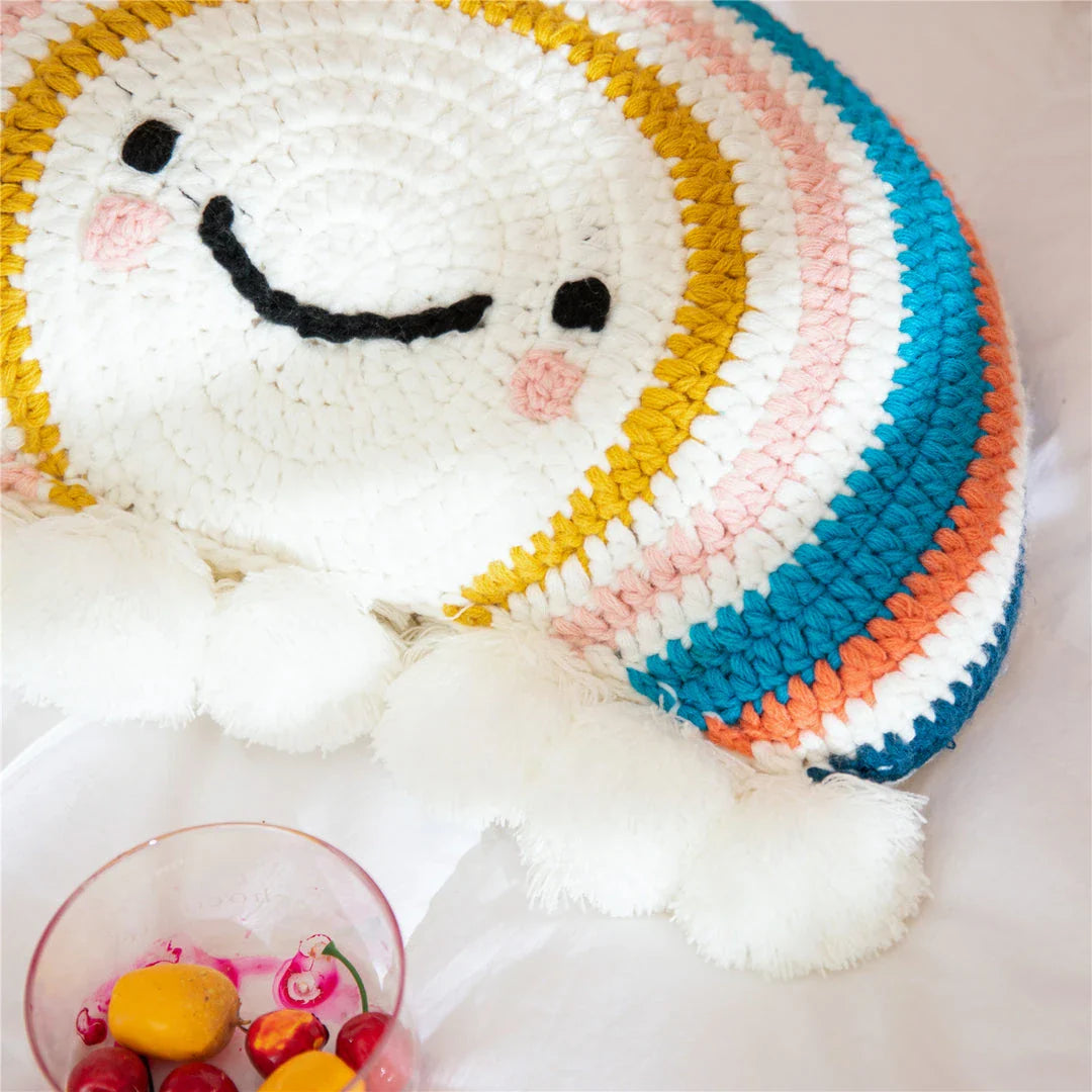 Cute cartoon rainbow sunflower decorative cushion with colorful pompom accents and a soft, supportive design