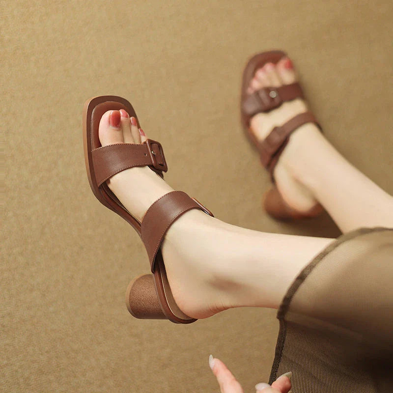 Elegant genuine leather high heel sandals for women in brown color