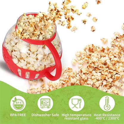 Microwave glass popcorn popper with red silicone lid, ready to make fresh, healthy popcorn