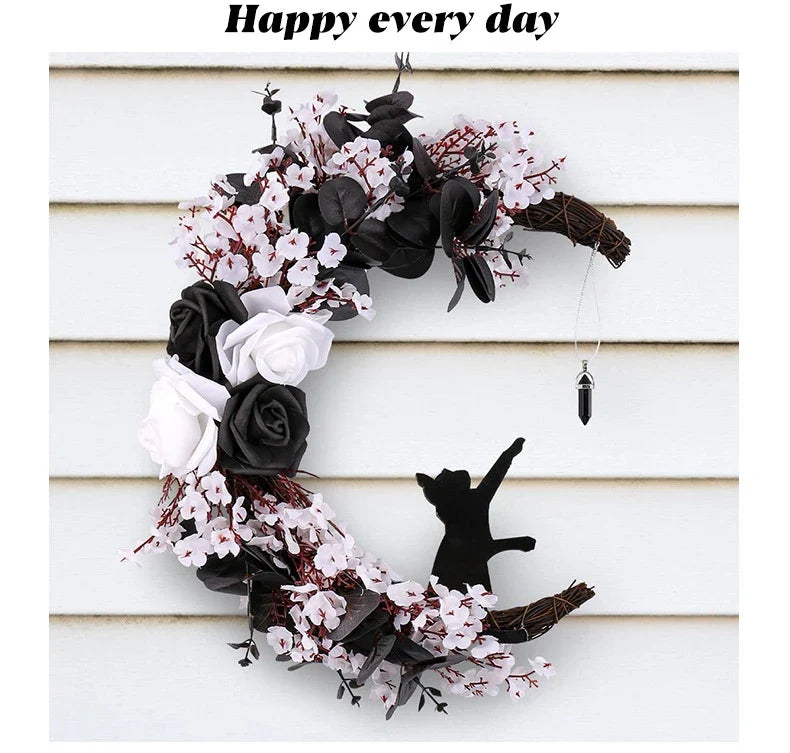 Halloween White Flower Black Rose Dried Wood Moon Cat Garland Ornaments
