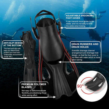 A pair of adjustable travel snorkel fins in various sizes and colors, perfect for underwater adventures and water sports.