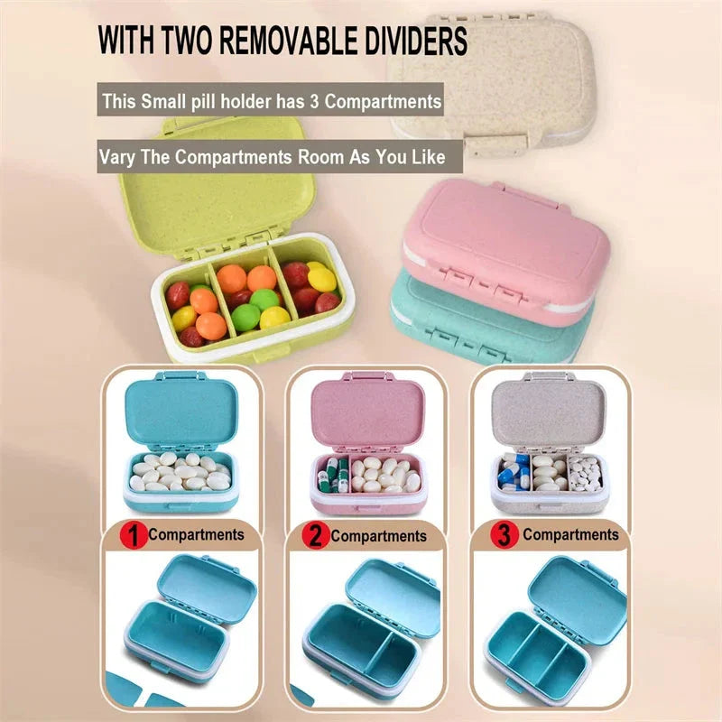 Compact, portable pill organizer with three separate compartments for organizing daily medications, vitamins, and supplements
