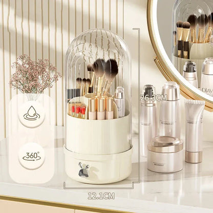 A 360-degree rotating makeup brush holder with a convenient drawer for storing brushes and other small makeup items