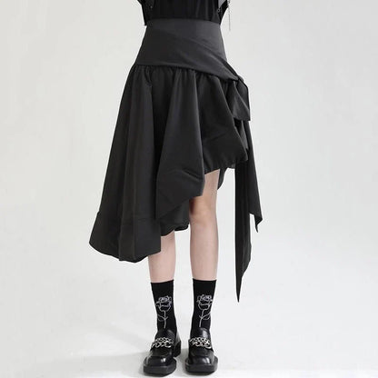 A black high-waist asymmetrical ruffle skirt with a unique design and flattering silhouette.