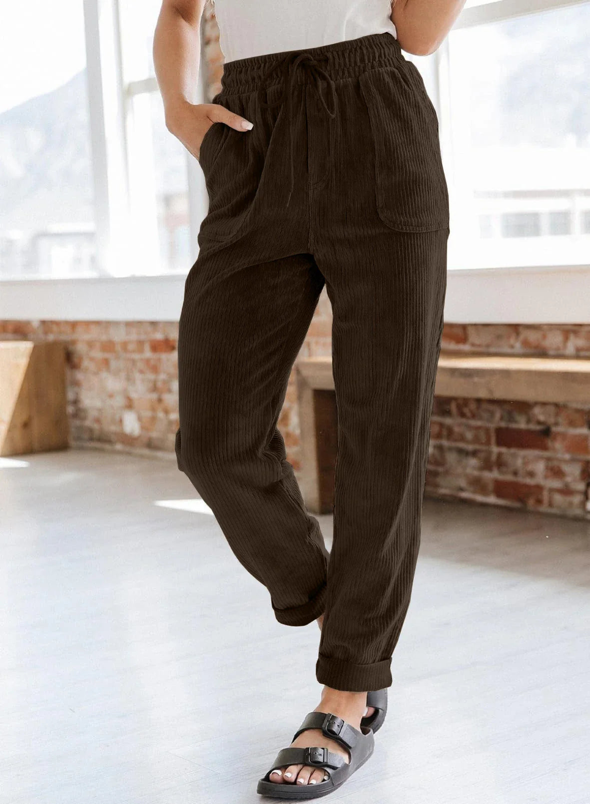 Women's Corduroy Pants with Wide-Leg Silhouette, Elastic Waistband, and Pockets