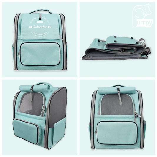 Breathable Oxford cloth pet carrier bag in grey, yellow, and blue colors with double-shoulder straps for comfortable carrying