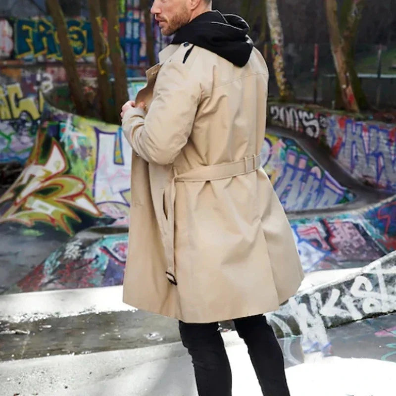 Stylish men's double-breasted trench coat in light gray color with slim fit silhouette