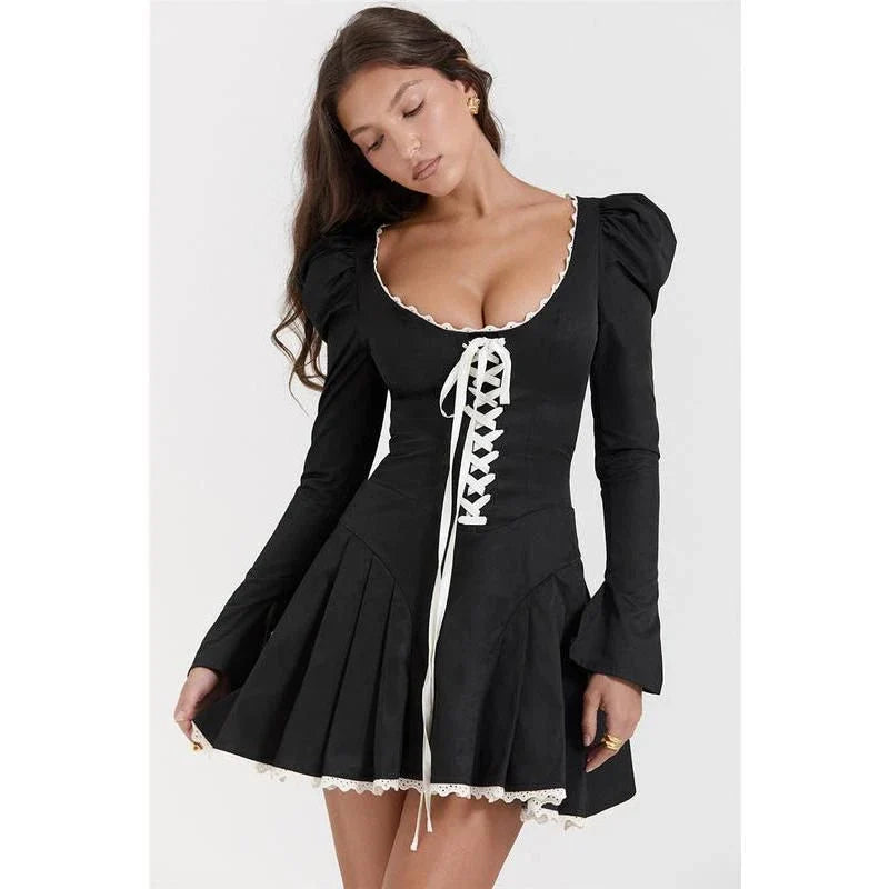 Elegant Puff Sleeve Lace Bandage Mini Dress with Flattering Square Collar and A-Line Skirt