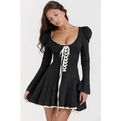 Elegant Puff Sleeve Lace Bandage Mini Dress with Flattering Square Collar and A-Line Skirt