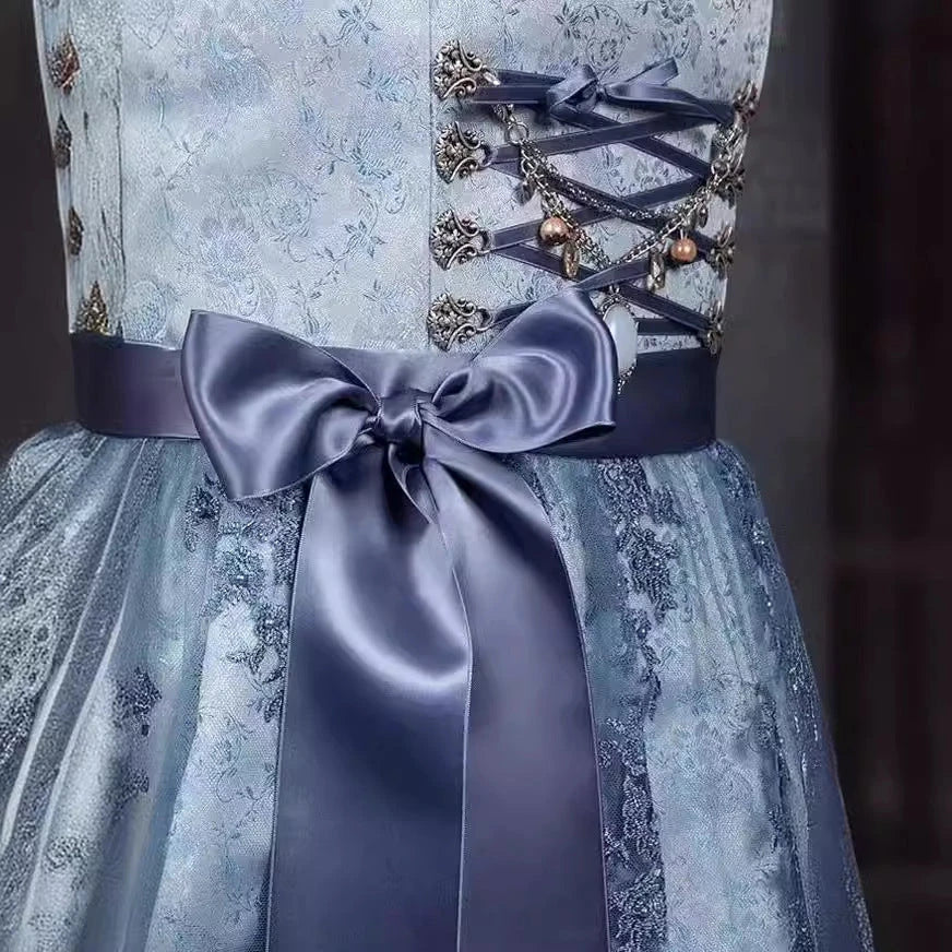 Bavarian-inspired 3-piece women's outfit with A-line skirt, pullover top, and jacquard pattern in sapphire blue color