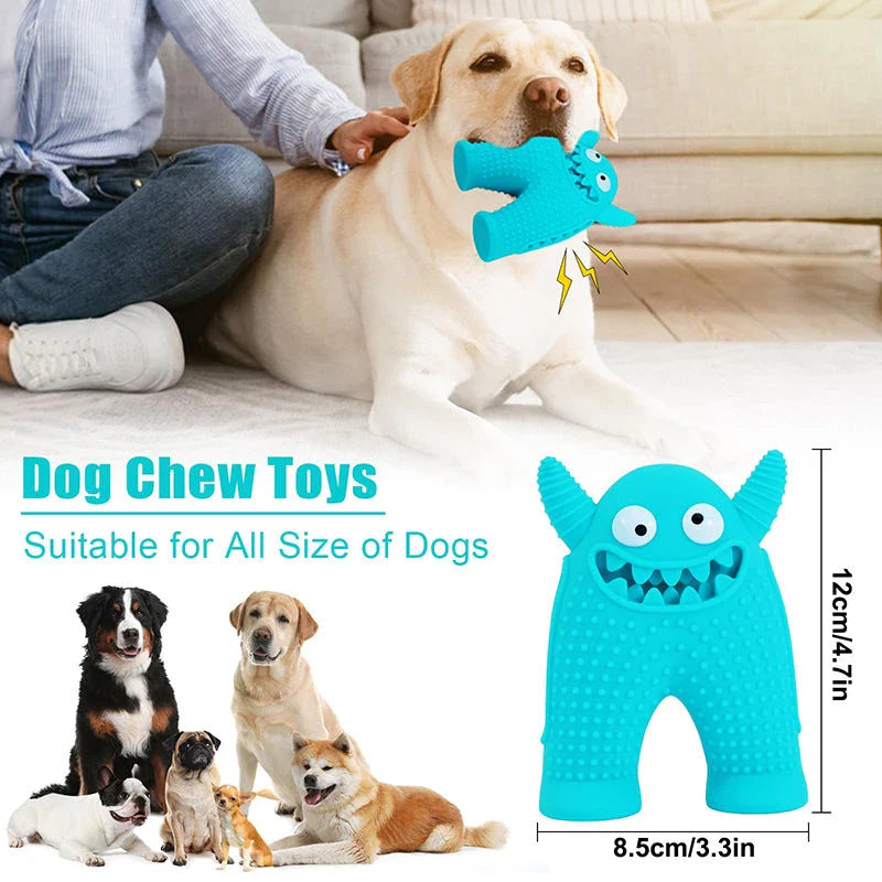 A durable squeaky dog toy made of natural rubber, designed to withstand aggressive chewing and promote dental health