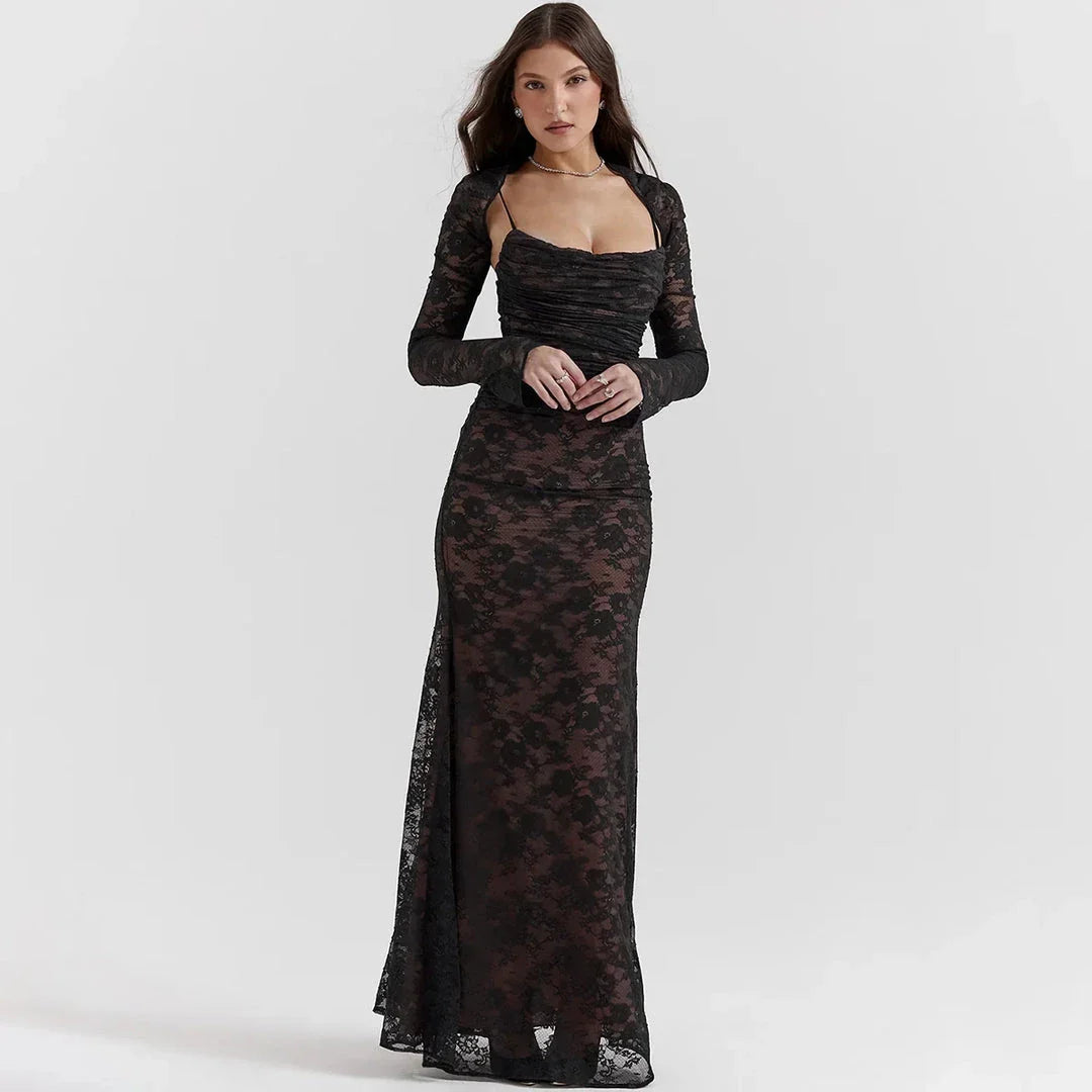 Elegant ivory lace 2-piece evening dress set with tie-up back and ankle-length silhouette