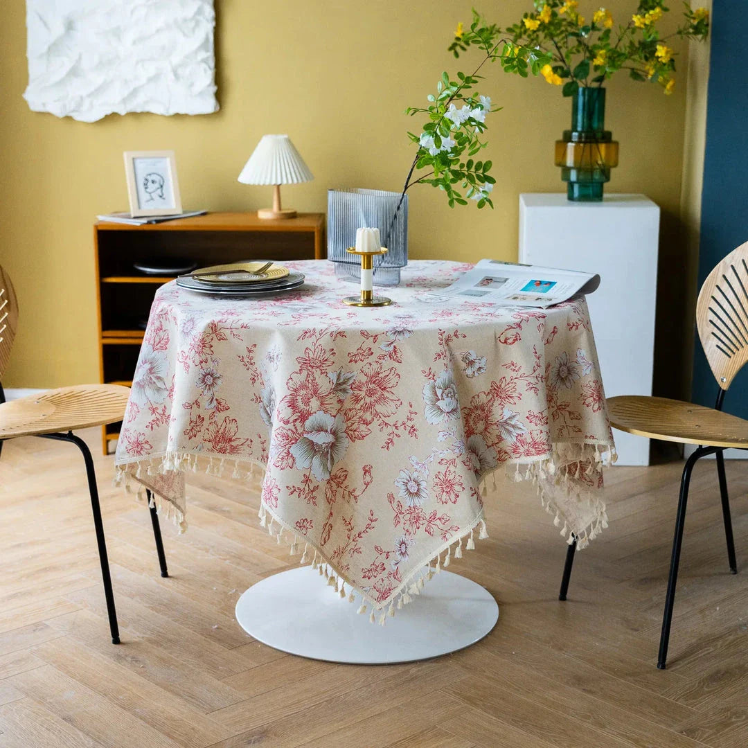 Peony Print Cotton Linen Tablecloth with Tassels for Elegant Home Decor