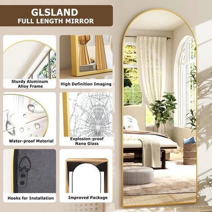 Elegant arched full-length gold mirror with high-definition aluminum frame for a comprehensive, clear reflection