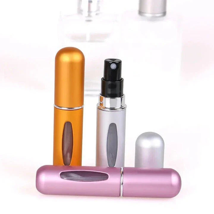 Compact and stylish portable perfume atomizer in various matte colors, including gold, black, and green