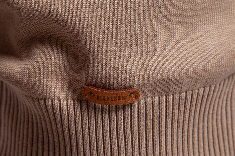 Cozy autumn and winter half-zip sweater in green, dark blue, khaki, and light gray colors