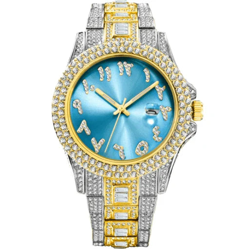 American-designed diamond-encrusted waterproof quartz watch with gold-plated stainless steel construction