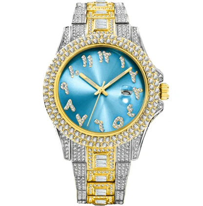 American-designed diamond-encrusted waterproof quartz watch with gold-plated stainless steel construction