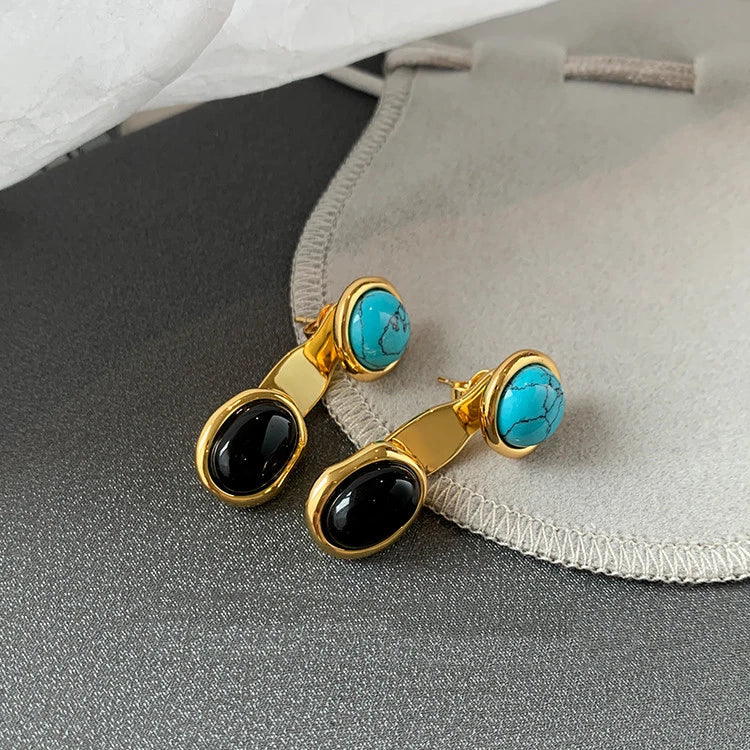 Chic marble-colored tiger eye retro earrings with geometric patterns and a removable upper round design