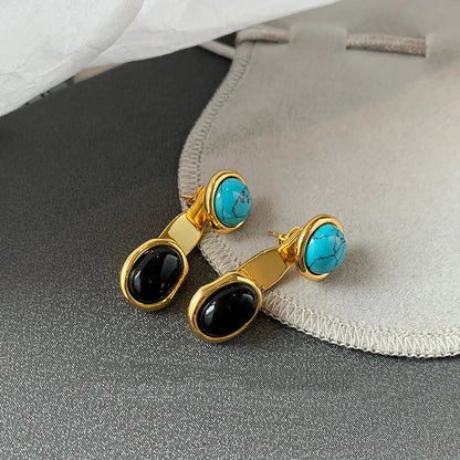 Chic marble-colored tiger eye retro earrings with geometric patterns and a removable upper round design