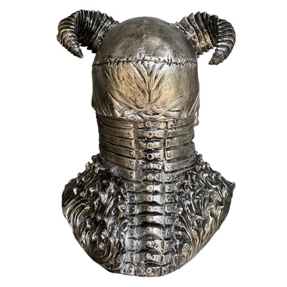 A terrifying Halloween mask made of latex, featuring a skull design with horns to create a dark, demonic appearance.