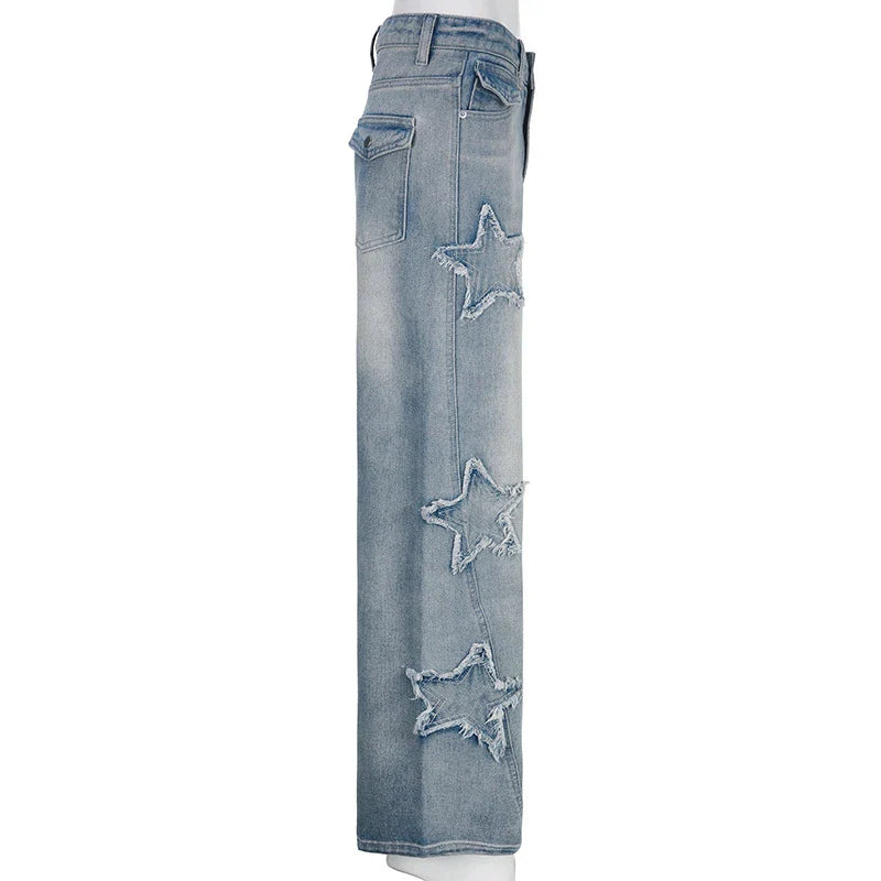 Premium embroidered high-rise straight leg denim jeans in a classic blue color