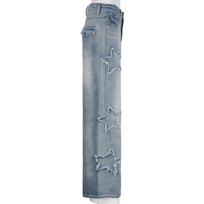 Premium embroidered high-rise straight leg denim jeans in a classic blue color
