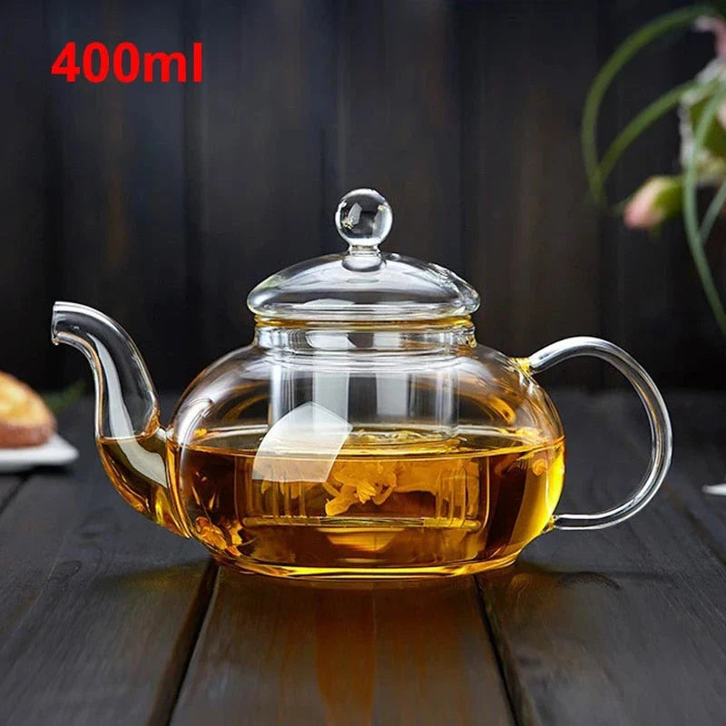 Elegant borosilicate glass flower tea pot with heat-resistant design and crystal clear appearance