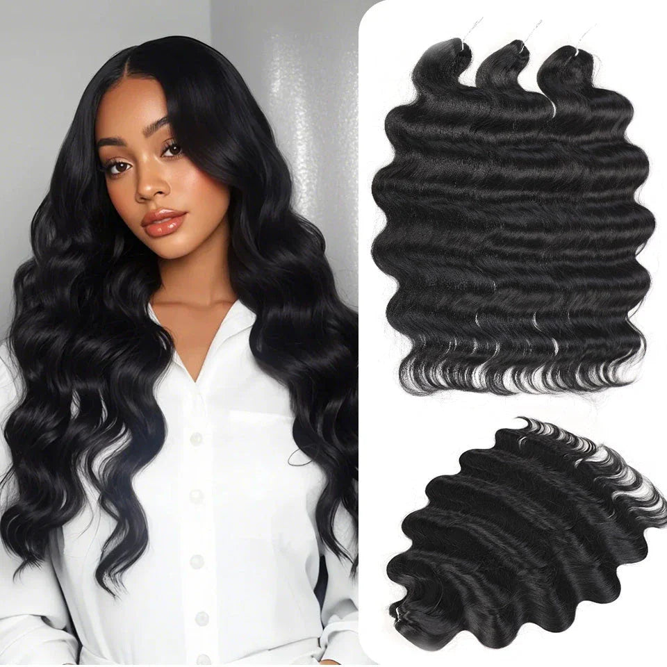 Ombre body wave crochet hair extensions in 24-inch length with seamless dark to light color blend