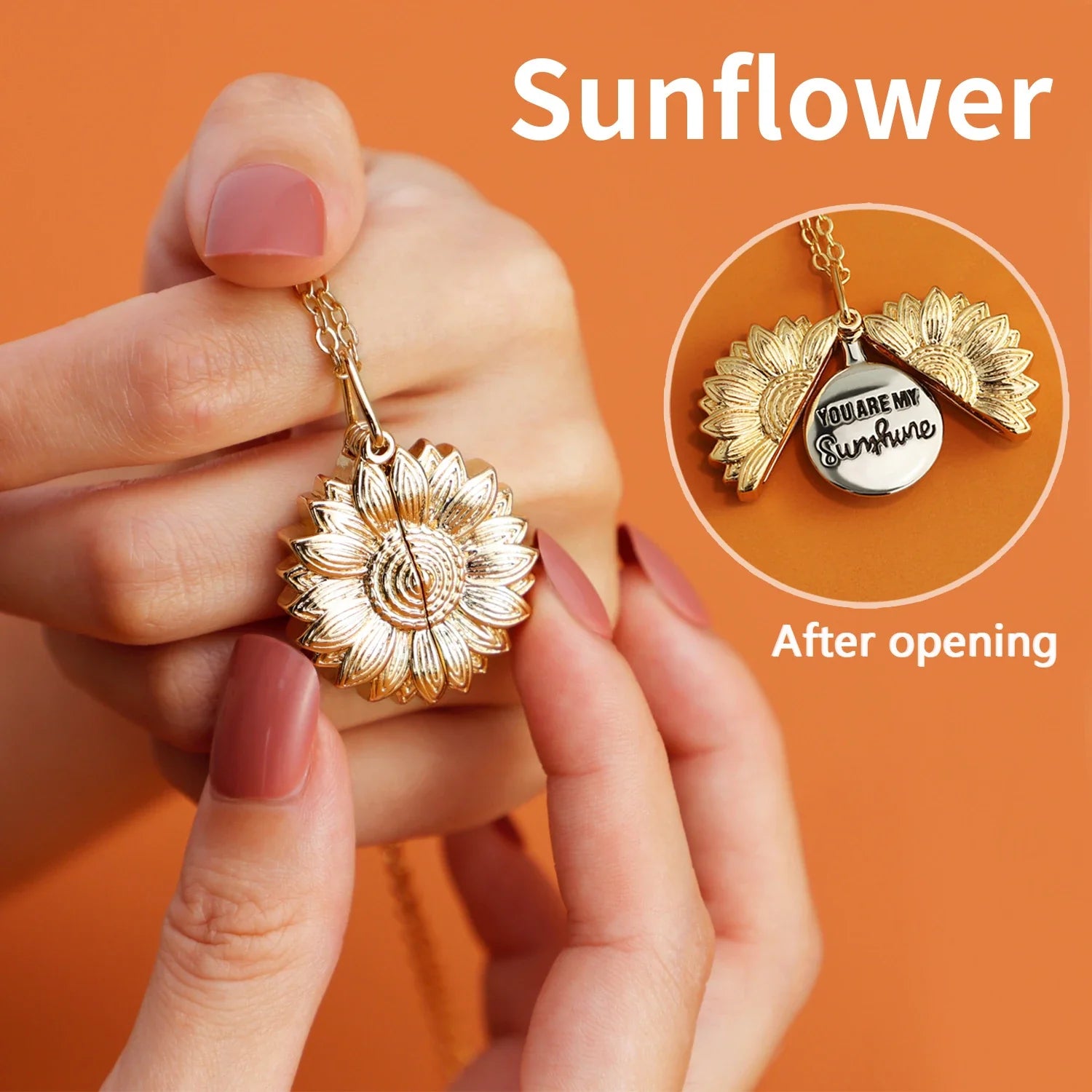 Elegant sunflower necklace with a captivating flower-shaped pendant in gold, silver, or rose gold finish