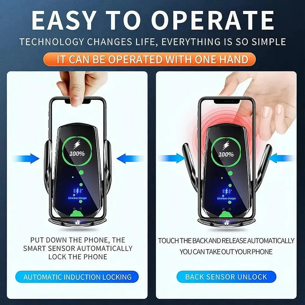 15W Fast Charging Auto-Clamping Wireless Car Charger with 360-Degree Rotation and Universal Qi Compatibility