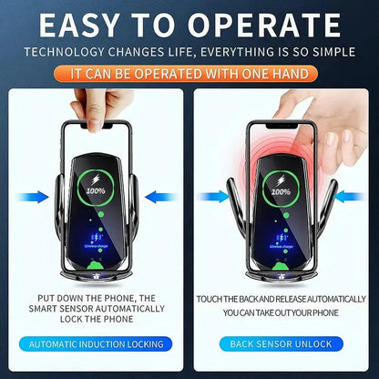 15W Fast Charging Auto-Clamping Wireless Car Charger with 360-Degree Rotation and Universal Qi Compatibility