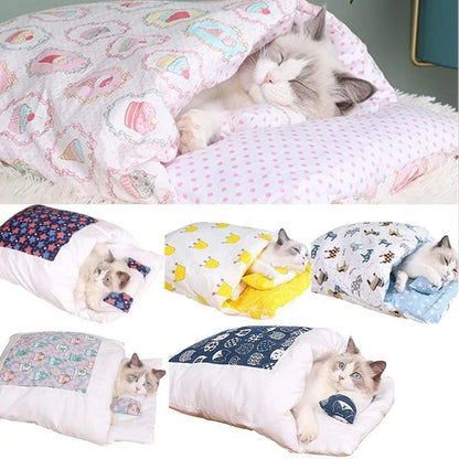 Cozy Cat Sleeping Bag Mat in various colors and sizes, providing a plush and comfortable sleeping surface for cats.