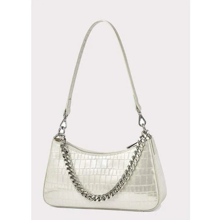 Elegant alligator print leather shoulder bag with chic chain decoration, versatile hobo shape, and interior organization pockets