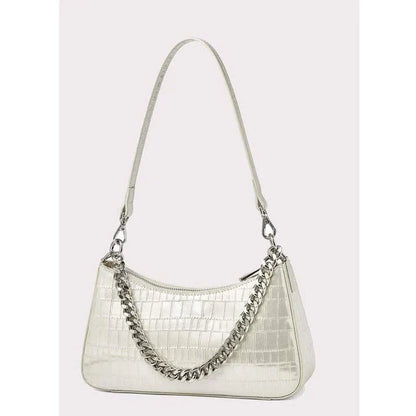 Elegant alligator print leather shoulder bag with chic chain decoration, versatile hobo shape, and interior organization pockets