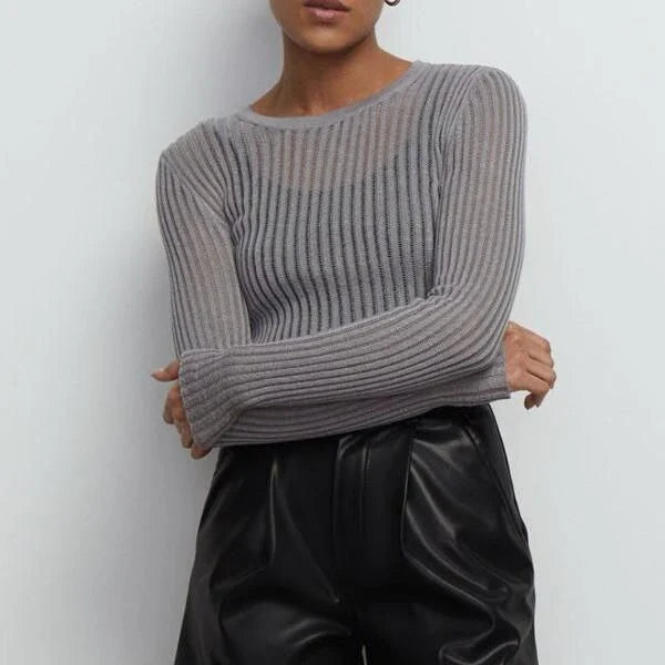 Elegant striped long sleeve sheer blouse for women, featuring a slim fit, breathable fabric, and modern decoration