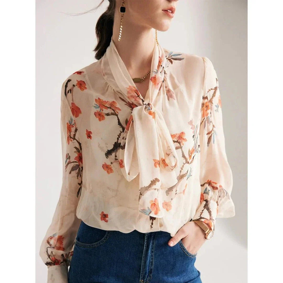 Elegant floral silk blend bow collar blouse with puff sleeves for modern women