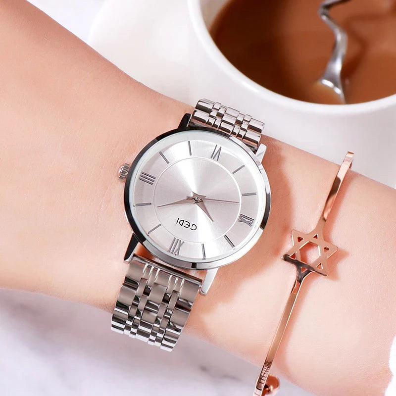 Fashionable women's waterproof watch with alloy and stainless steel construction, available in various color options
