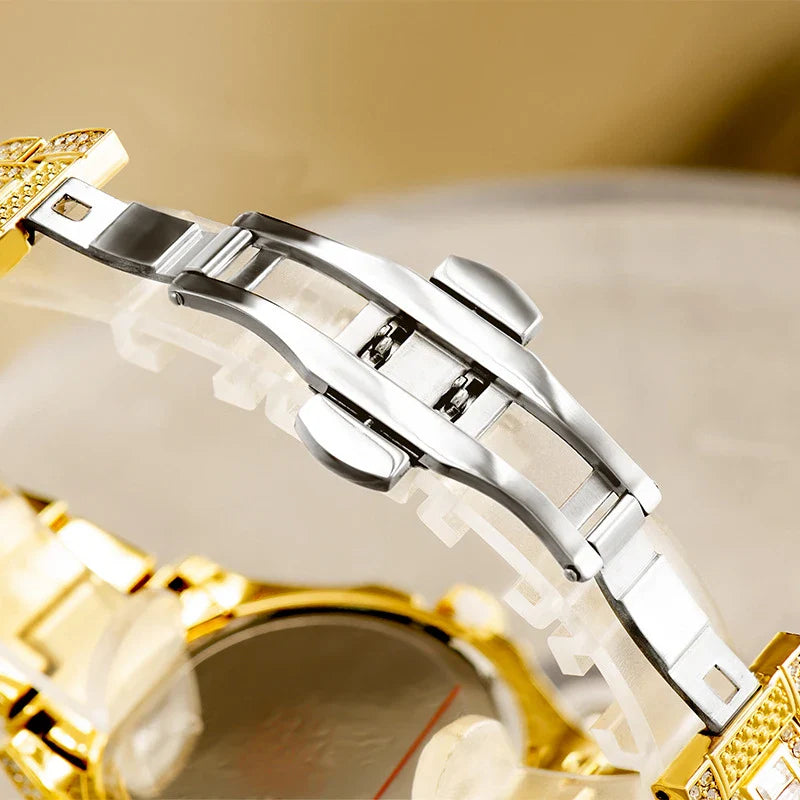American-designed diamond-encrusted waterproof quartz watch with gold-plated stainless steel construction